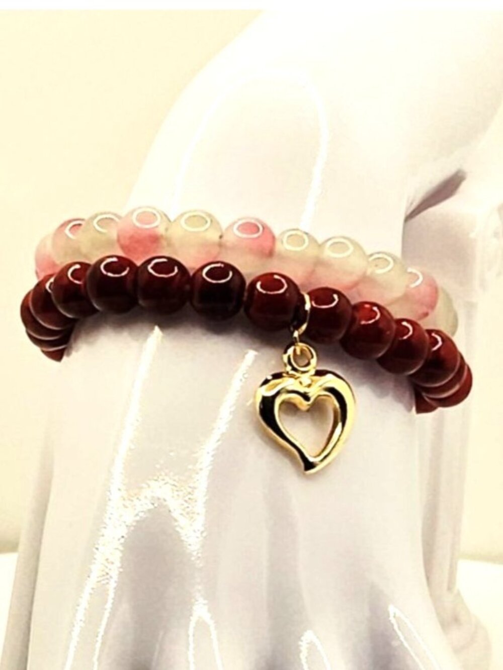 Red Heart Bracelet Stack, Romantic Beaded Bracelets, Feminine Stretch Jewelry